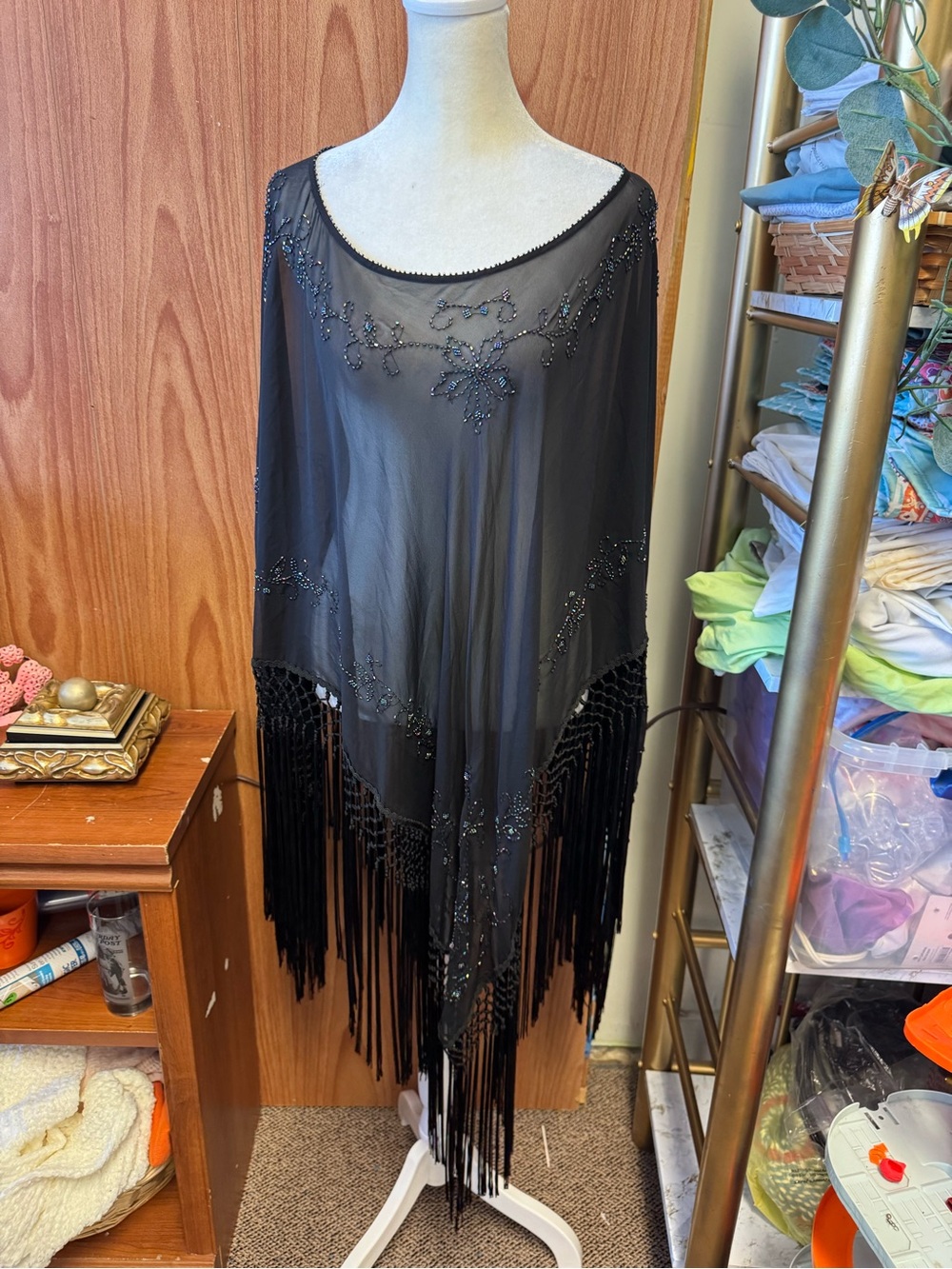 Vintage Lane Bryant Black Sheer Beaded Poncho Fringe Hem 22/28 100% Silk